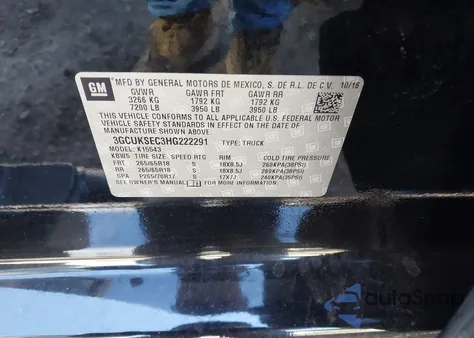 2017 Chevrolet Silverado 1500 2Lz из США, поврежденный, VIN 3GCUKSEC3HG222291